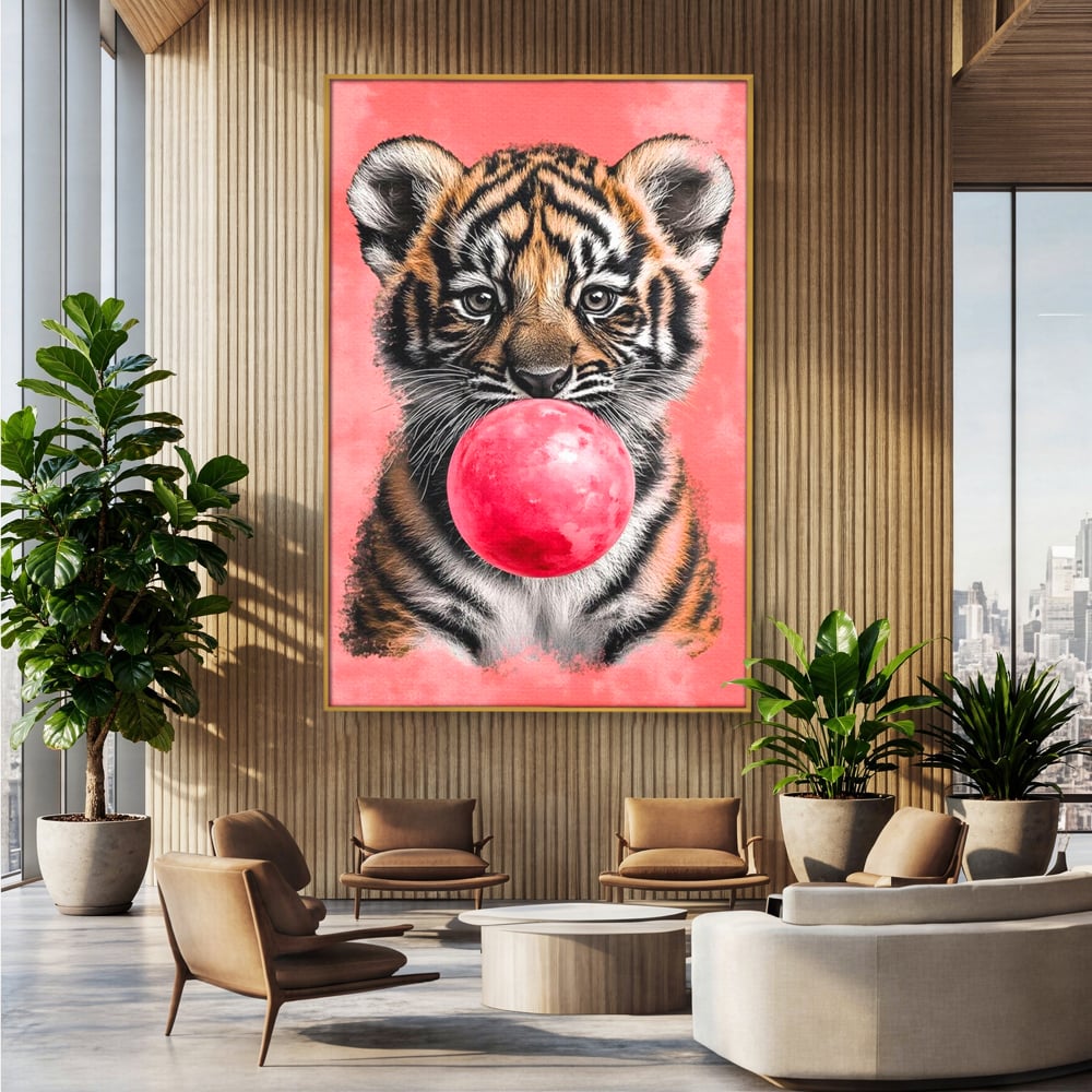 Tablou canvas cu ilustratie pui de tigru cu guma roz, in rama de aluminiu auriu, pe perete intr-un birou